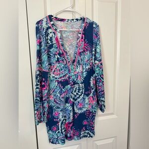 Lilly Pulitzer Navy Floral Print Tunic with Pink & Aqua Accents